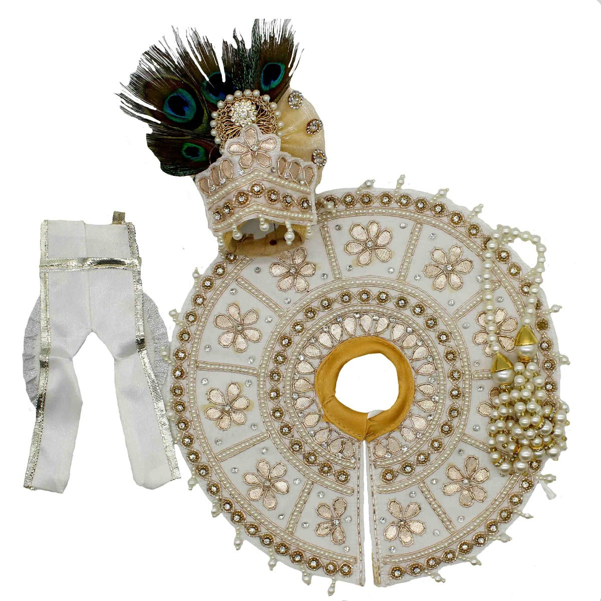 Beads Decorated Heavy White Dress For Laddu Gopal (Full Set)