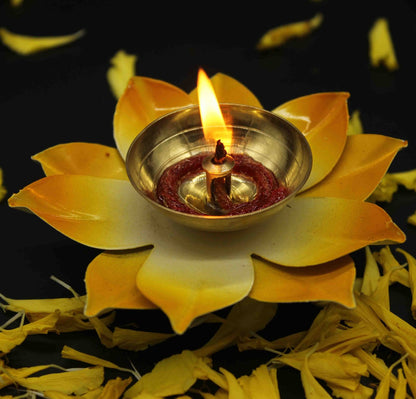 Yellow Lotus Shape Diya For Home/Temple/Pooja Decoration