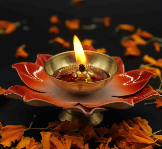 Orange Lotus Shape Diya For Home/Temple/Pooja Decoration