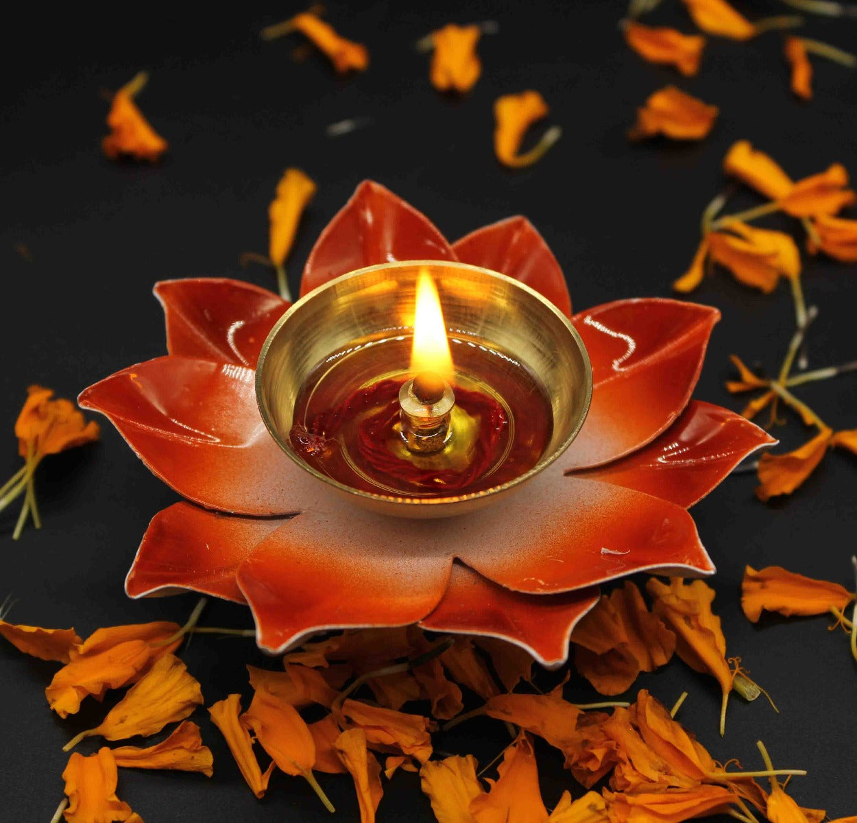 Orange Lotus Shape Diya For Home/Temple/Pooja Decoration