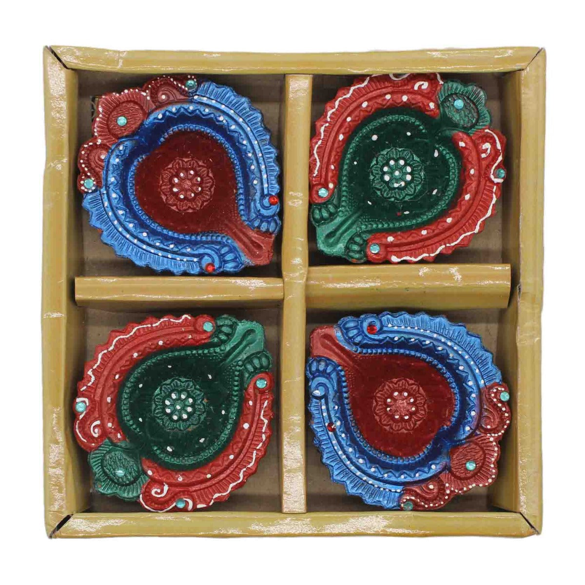 Multicolour Hand Painted Diya For Home/Temple/Pooja Decor (Set of 4)