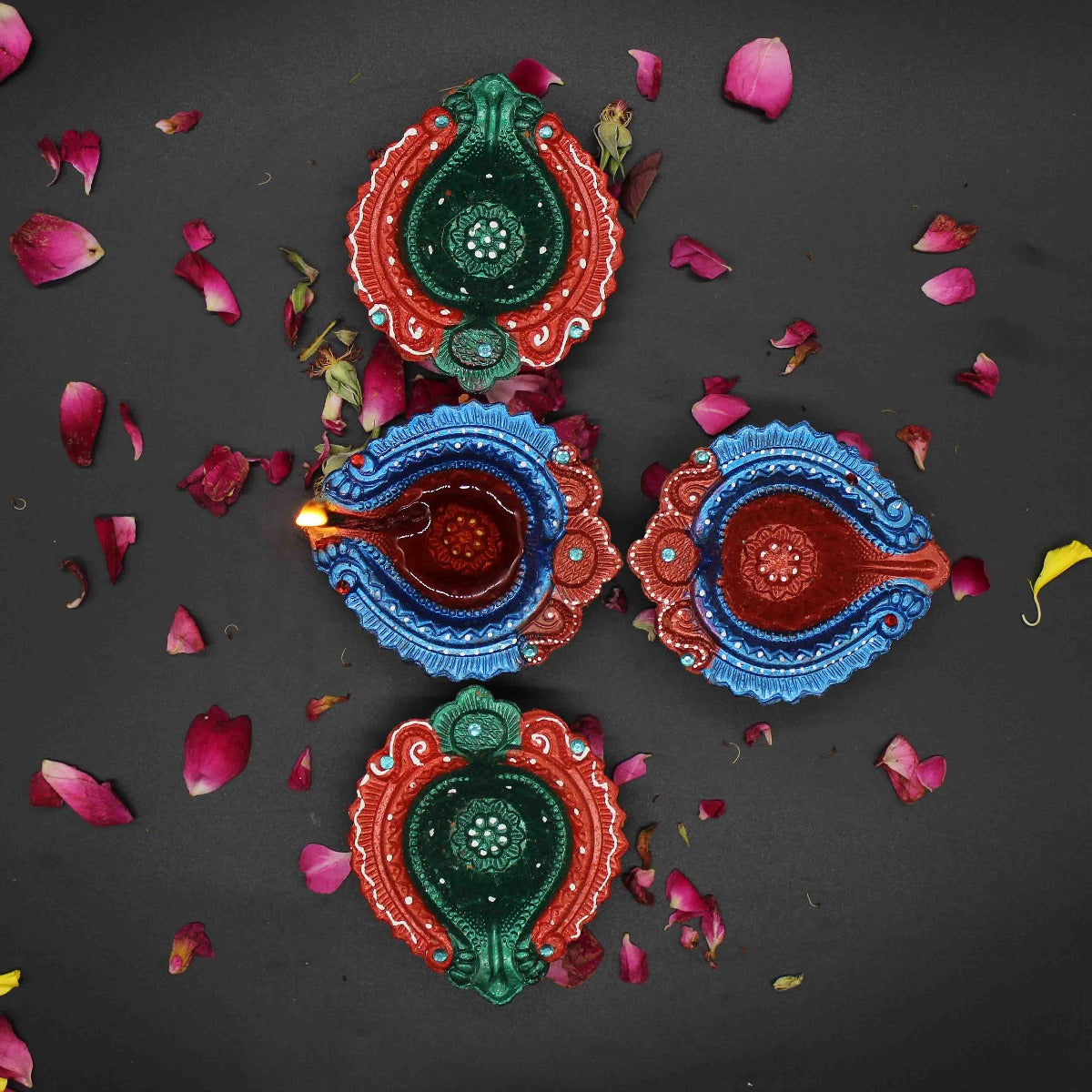 Multicolour Hand Painted Diya For Home/Temple/Pooja Decor (Set of 4)