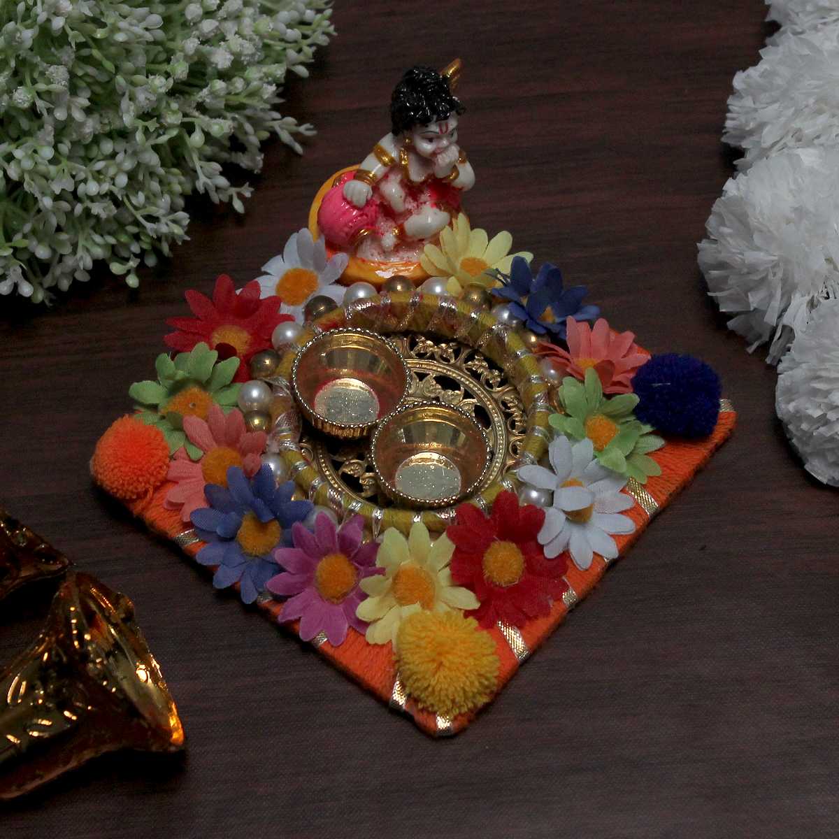 Little Kanha, Flower , pom pom decorated Roli Chawal Pooja Thali