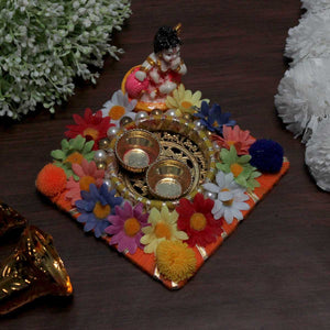 Little Kanha, Flower , pom pom decorated Roli Chawal Pooja Thali