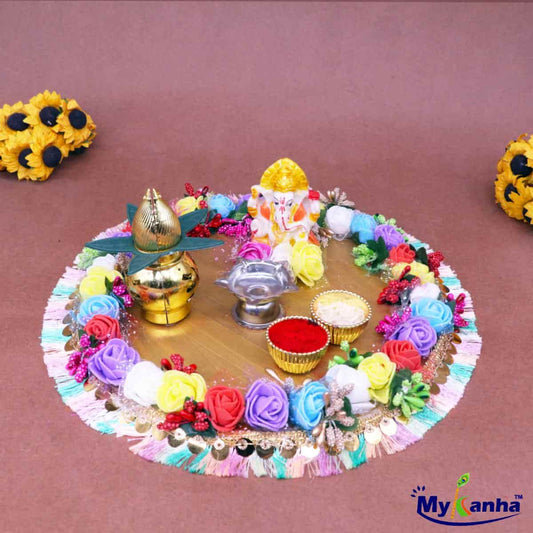 Flower Decorated Handmade Pooja Thali with Ganesha for Shagun events