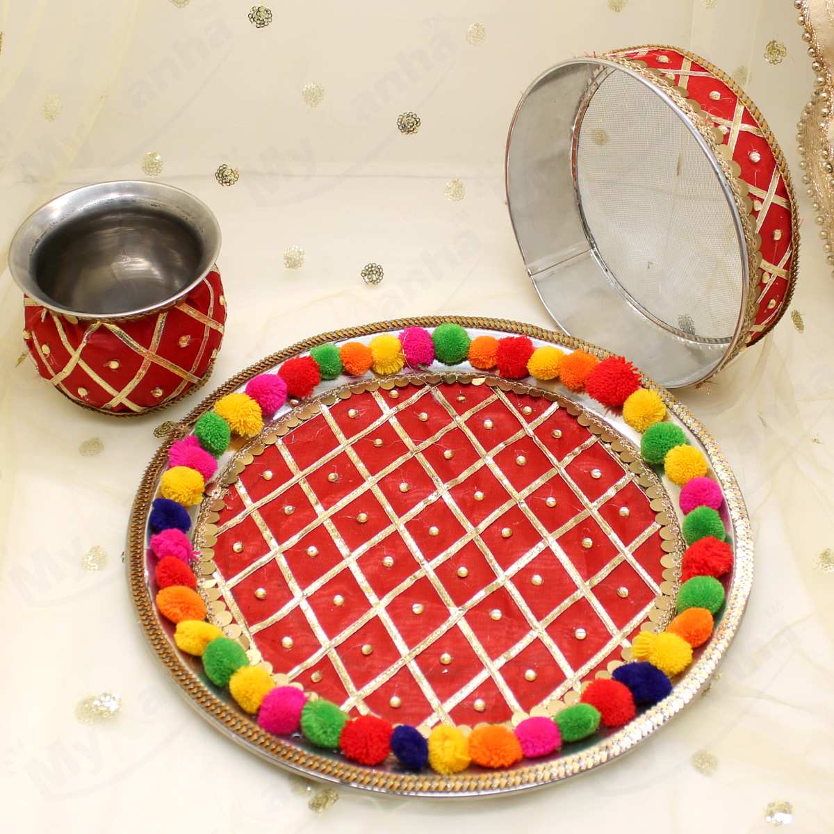 Pom Pom decorated Red Karwachuth Thali