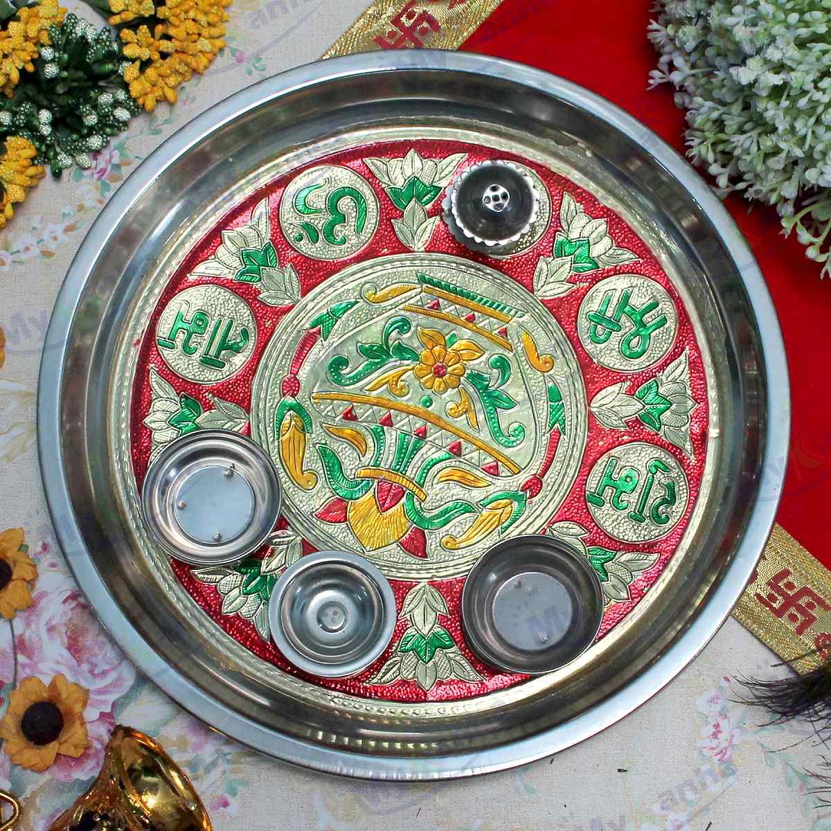 Meenakari decorated Pooja Thali with Diya and Bowl