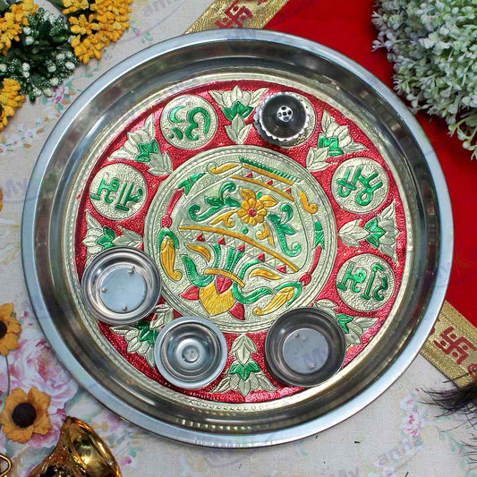 Meenakari decorated Pooja Thali with Diya and Bowl