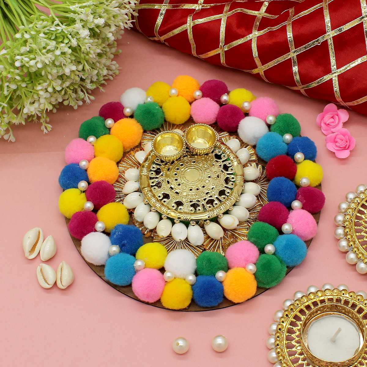 Pom pom and kodi decorated Roli Chawal Thali for Occasions