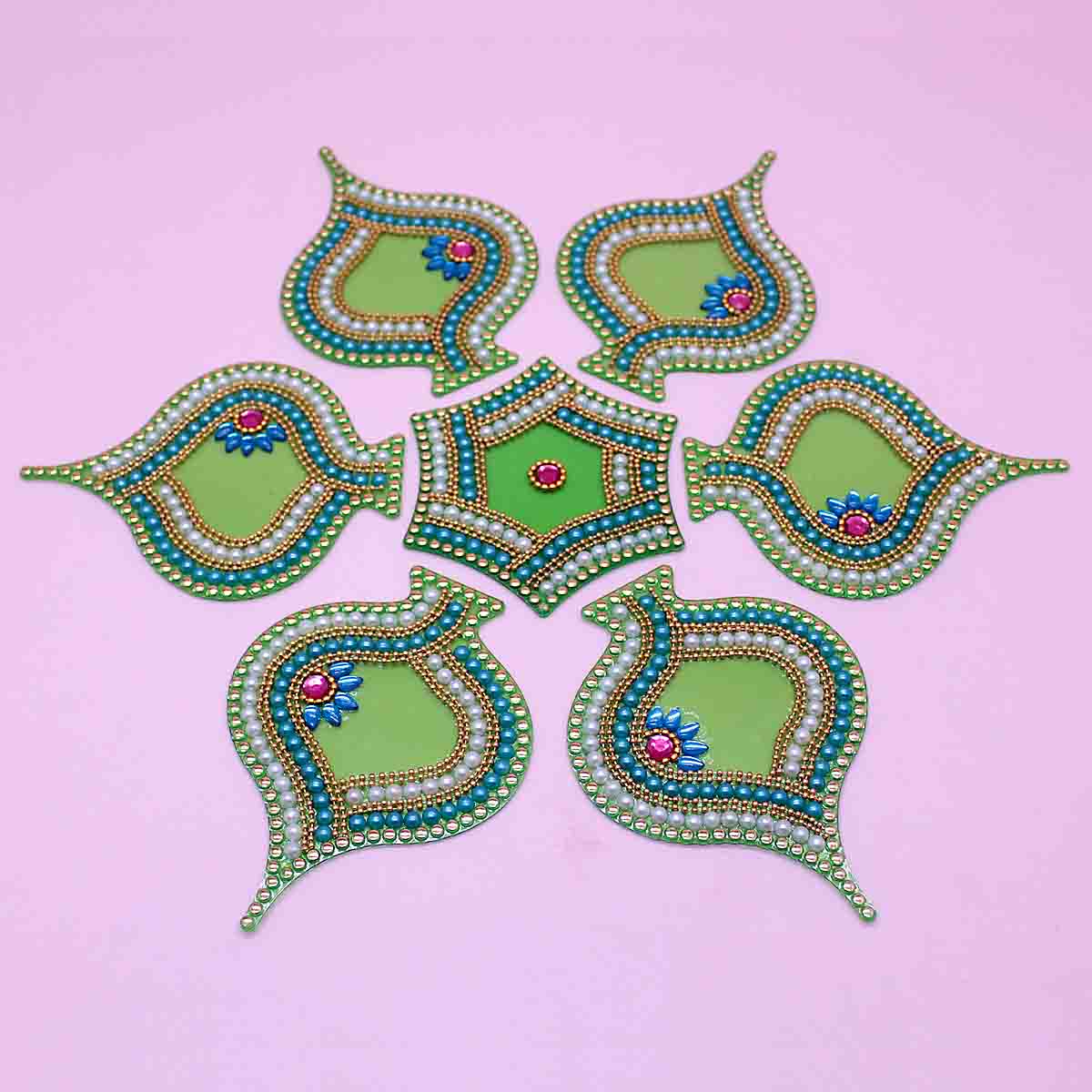 Handmade Decorated Rangoli  Small 7 Pieces Set ( Green )