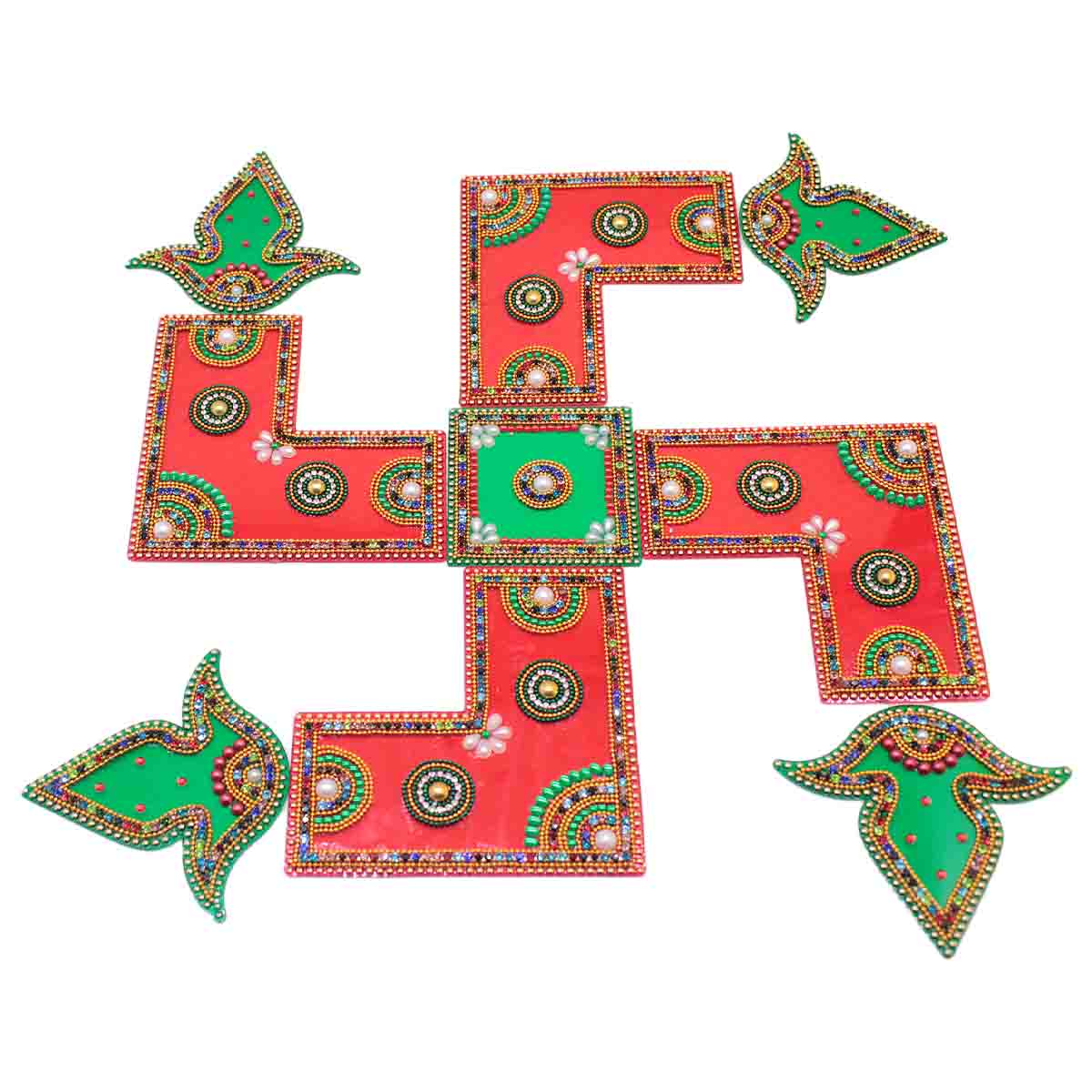 Handmade Multi Design  Decorated Rangoli 9 Pieces Set (  Red & Green )