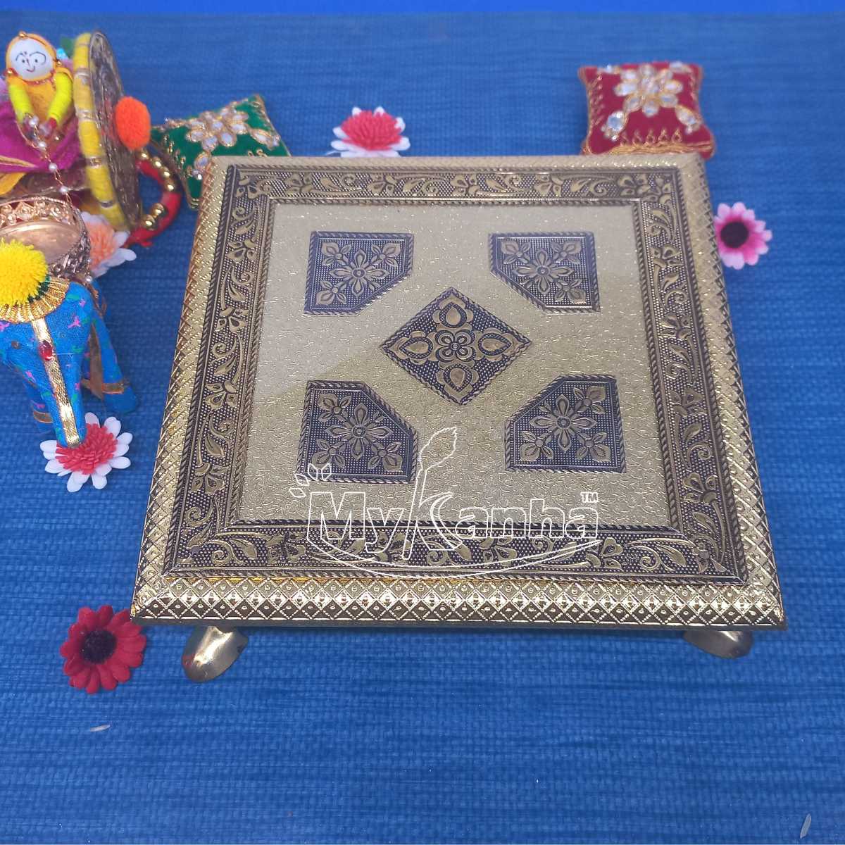 Wood Copper Rexine Designer Chowki (8 Inches)