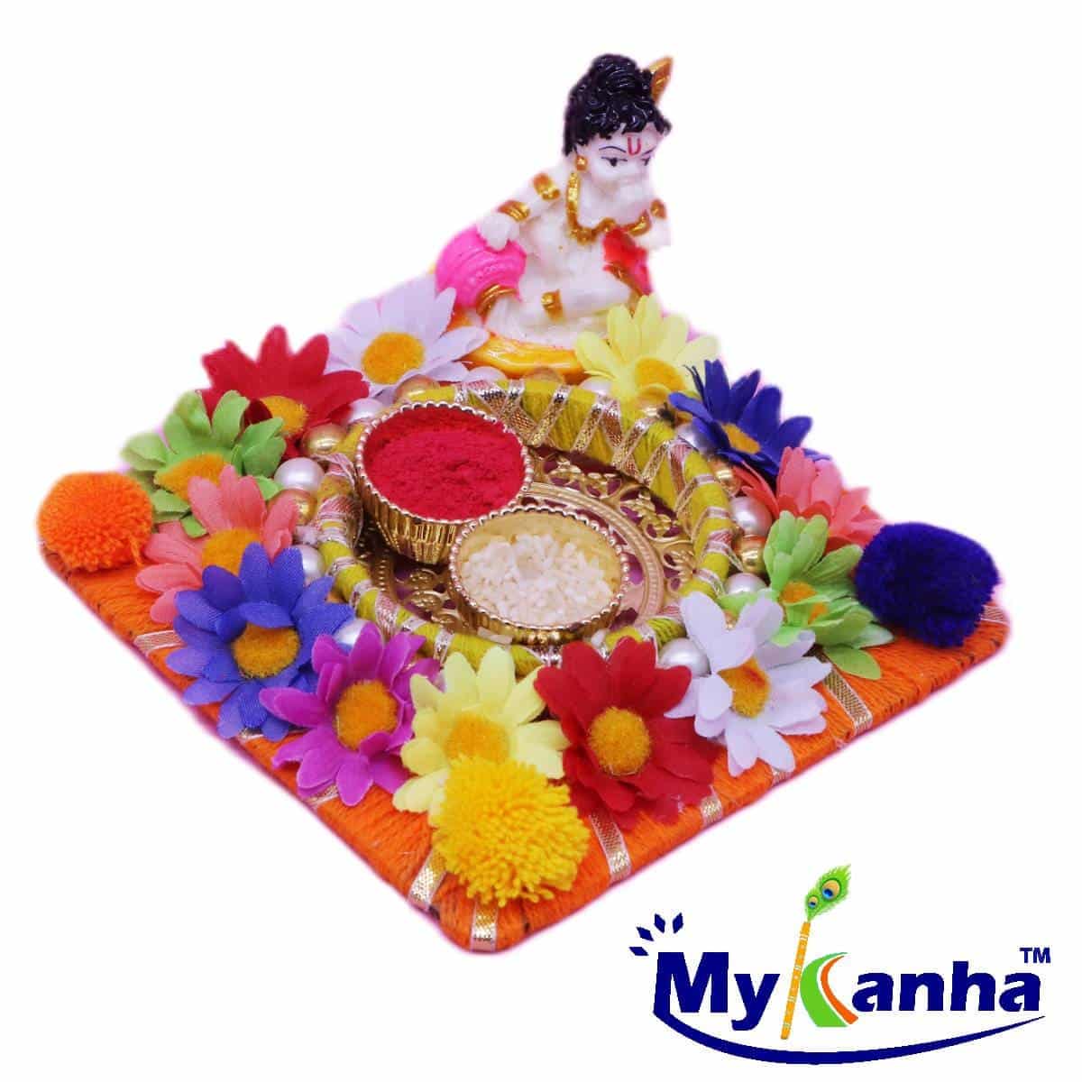 Little Kanha, Flower , pom pom decorated Roli Chawal Pooja Thali