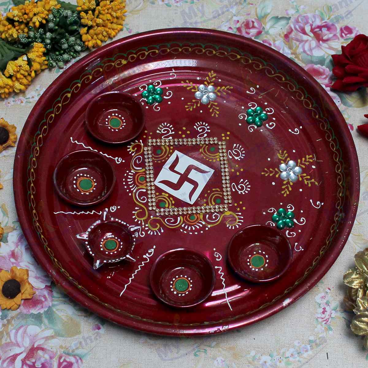 Satiya decorated painted Pooja Thali 