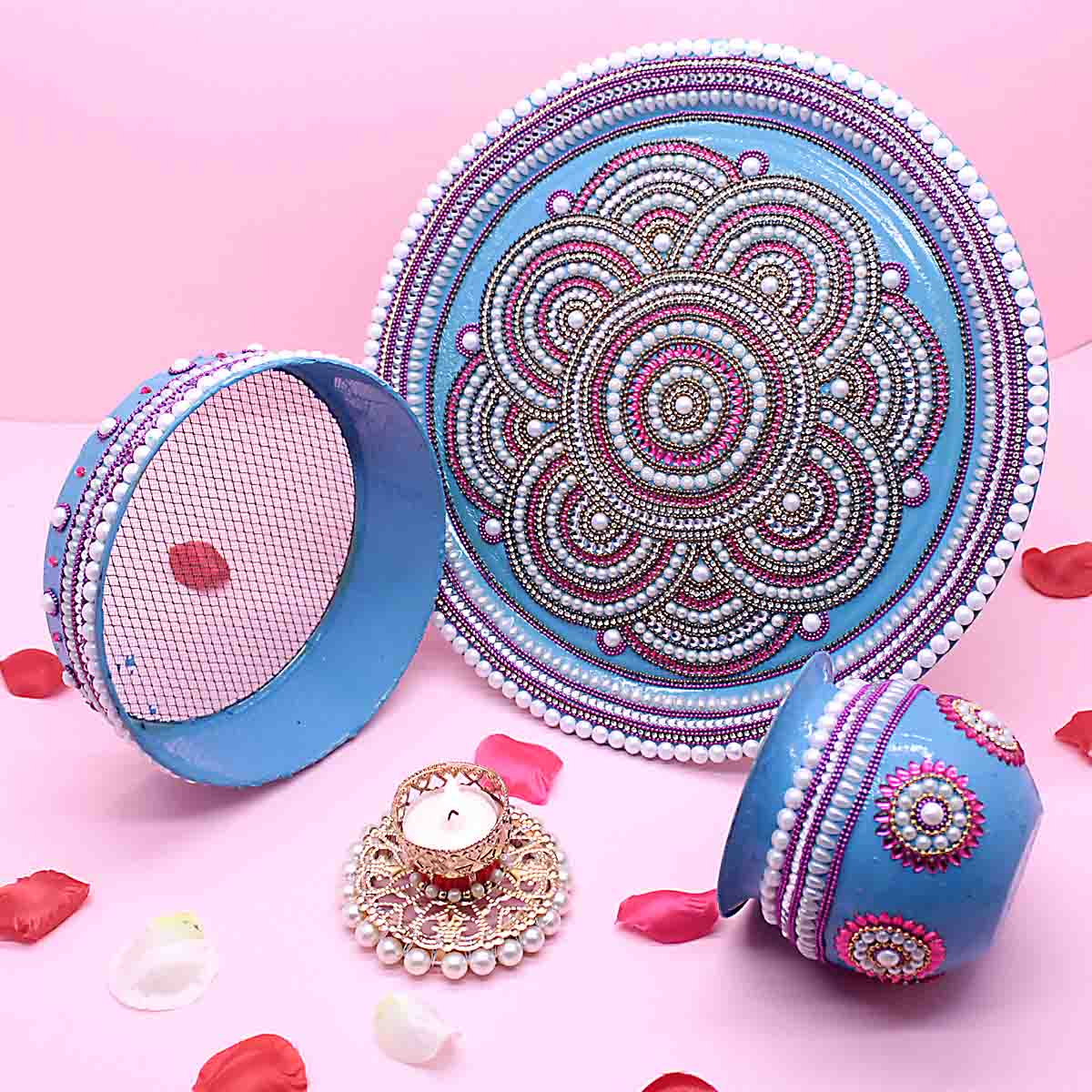 Decorated Karwa Chauth Thali Set Sky Blue