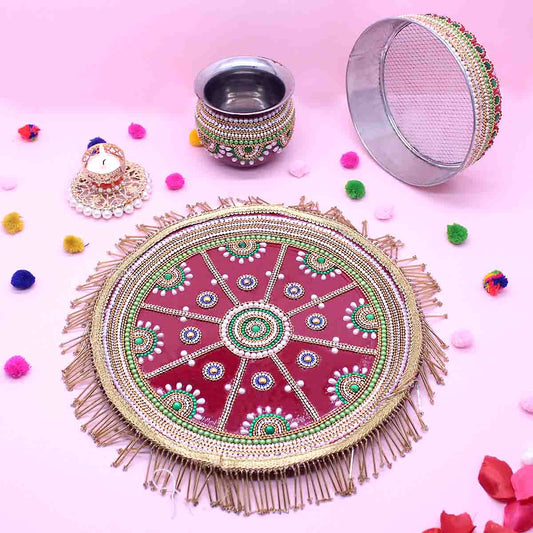 Decorated Karwa Chauth Thali Set (Maroon)