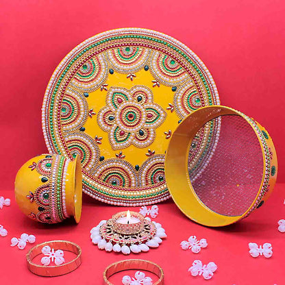 Decorated Karwa Chauth Thali Set (Yellow Color)