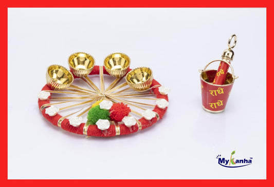Rajasthani Decorative Traditional Holi Platter Pooja Thali with Bucket and Pichkari for Laddu Gopal Ji