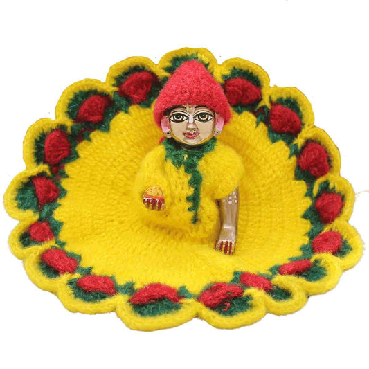 Red flower decorated Yellow woollen dress for Laddu Gopal JI