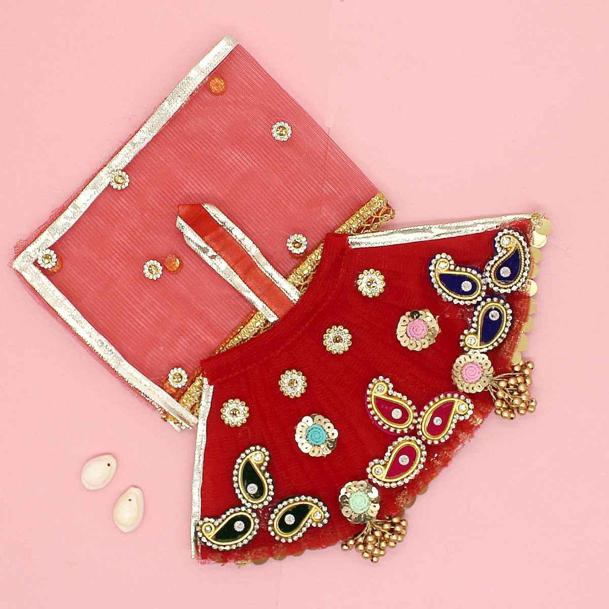 Red kerry and patch decorated dress for Mata Rani